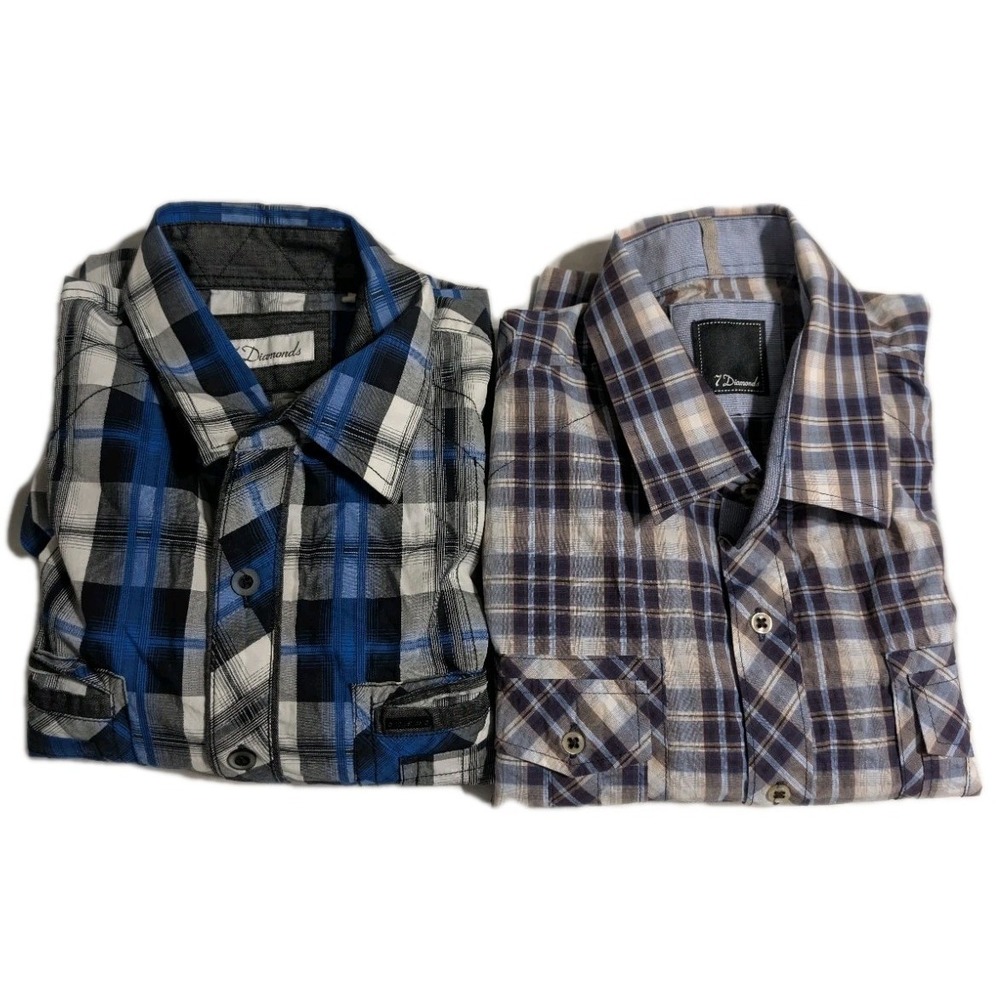 7 Diamonds Mens Plaid Button Up Shirt‎ Bundle Sz S Blue Brown Long Sleeve